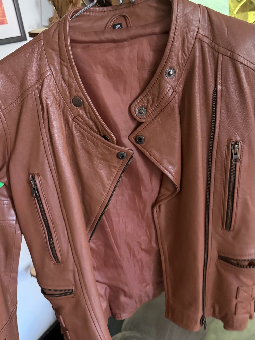 Women's Brown Leather Moto Jacket - Stylish Fitted Coat XS